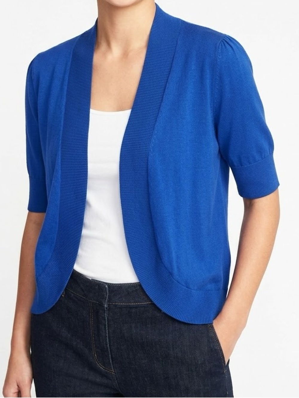 CHAUS Knit Cobalt Blue Open-Front Short-Sleeve Cardigan — #LHP